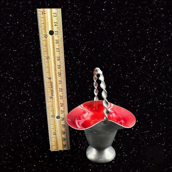 Vintage Norway Mid Century Modern Pewter Small Basket Red Metal Enameled 4”T - Picture 5 of 11